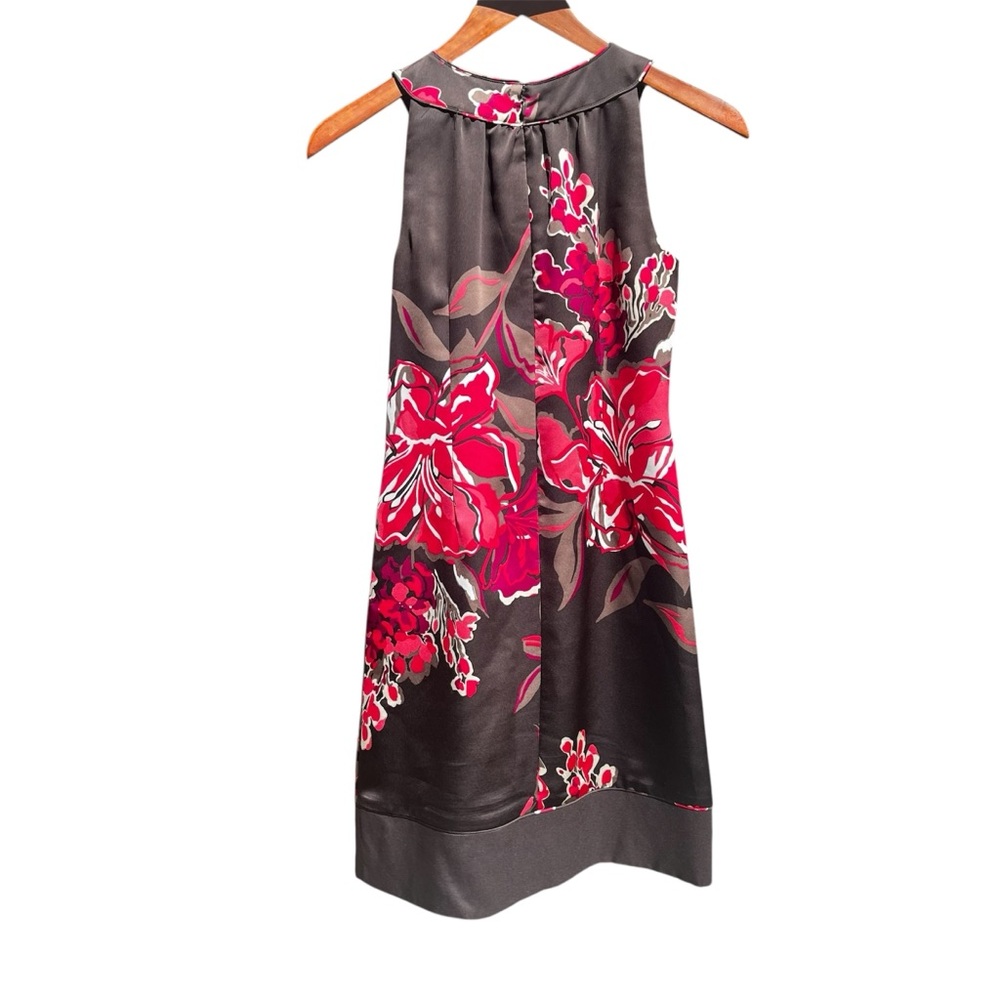 Ann Taylor Satin Shift Dress Cocktail Womens 0P Brown Red Floral High Neck 0